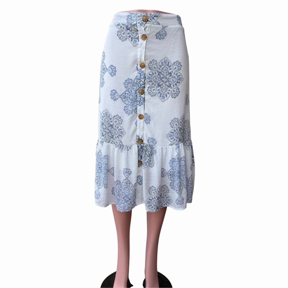 Mlle Gabrielle Blue White Medallion Midi Skirt M Button Front Lined Boho Prairie